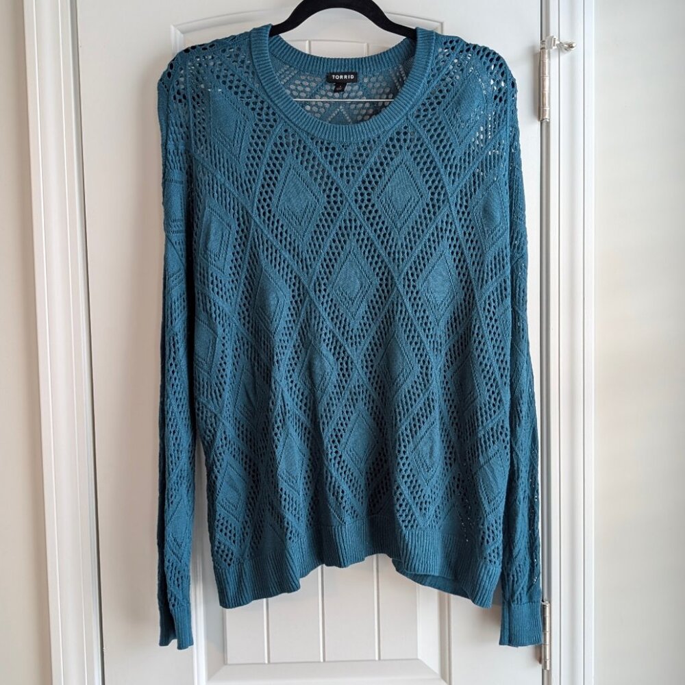 Torrid Size 1 Teal Round Neck Open-Knit Sweater